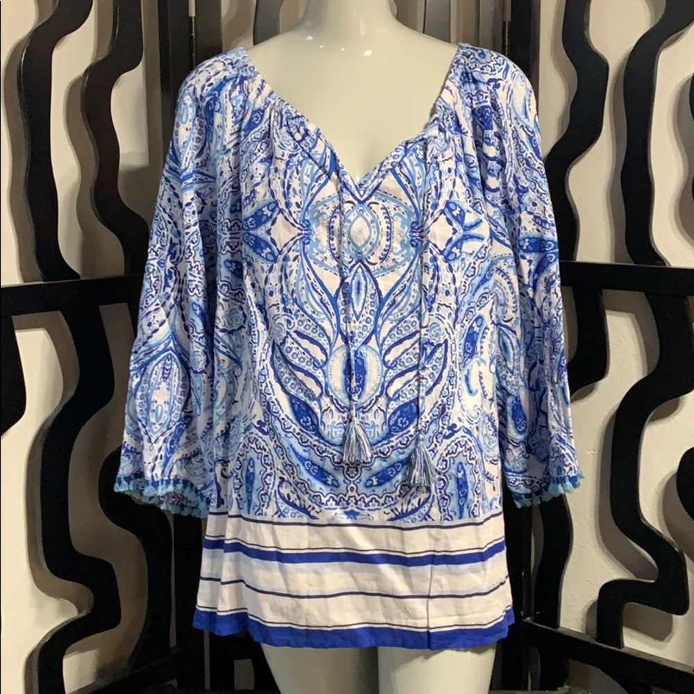 Rafaella Blue & White Long Sleeve Blouse